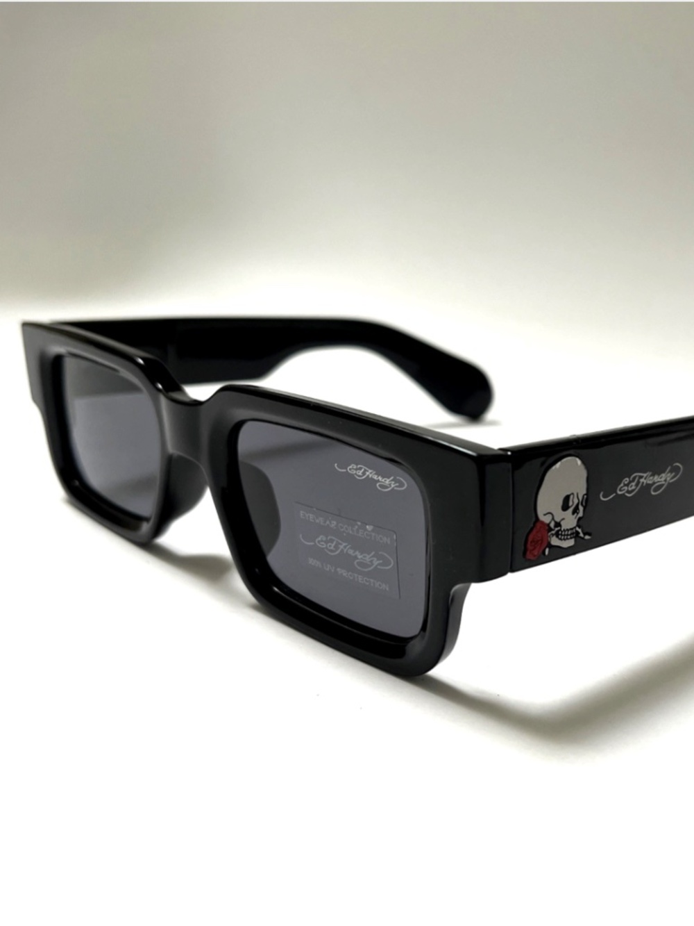New ED HARDY Sunglasses Slim Rectangle Skull Acetate Black